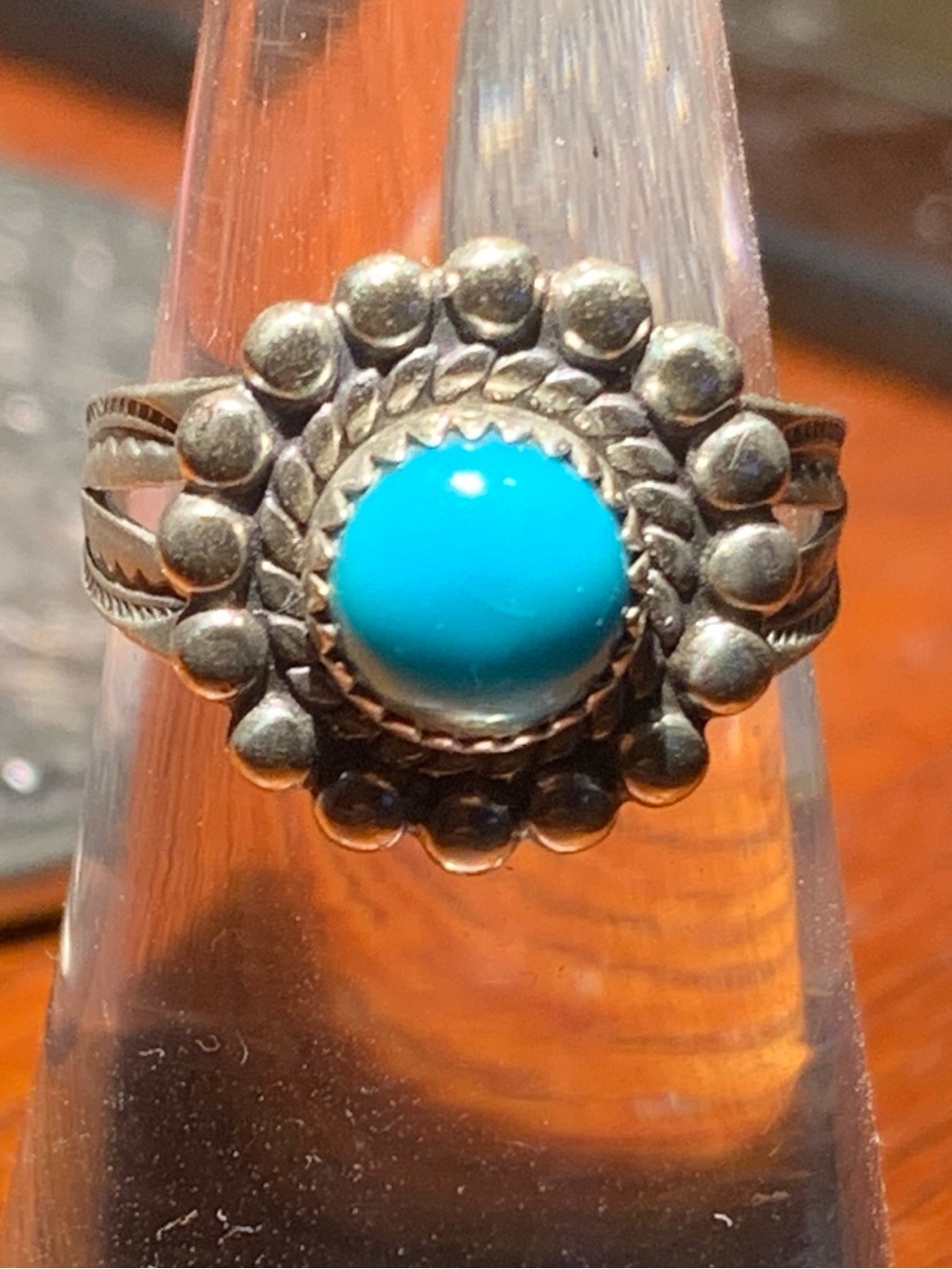 Vintage Navajo Rosette Turquoise Ring Hallmark 3.25 grams